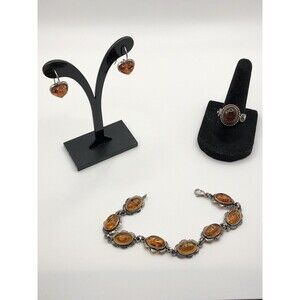 Vtg Sterling Silver 925 Baltic Amber Jewelry Set Ring Earrings Bracelet